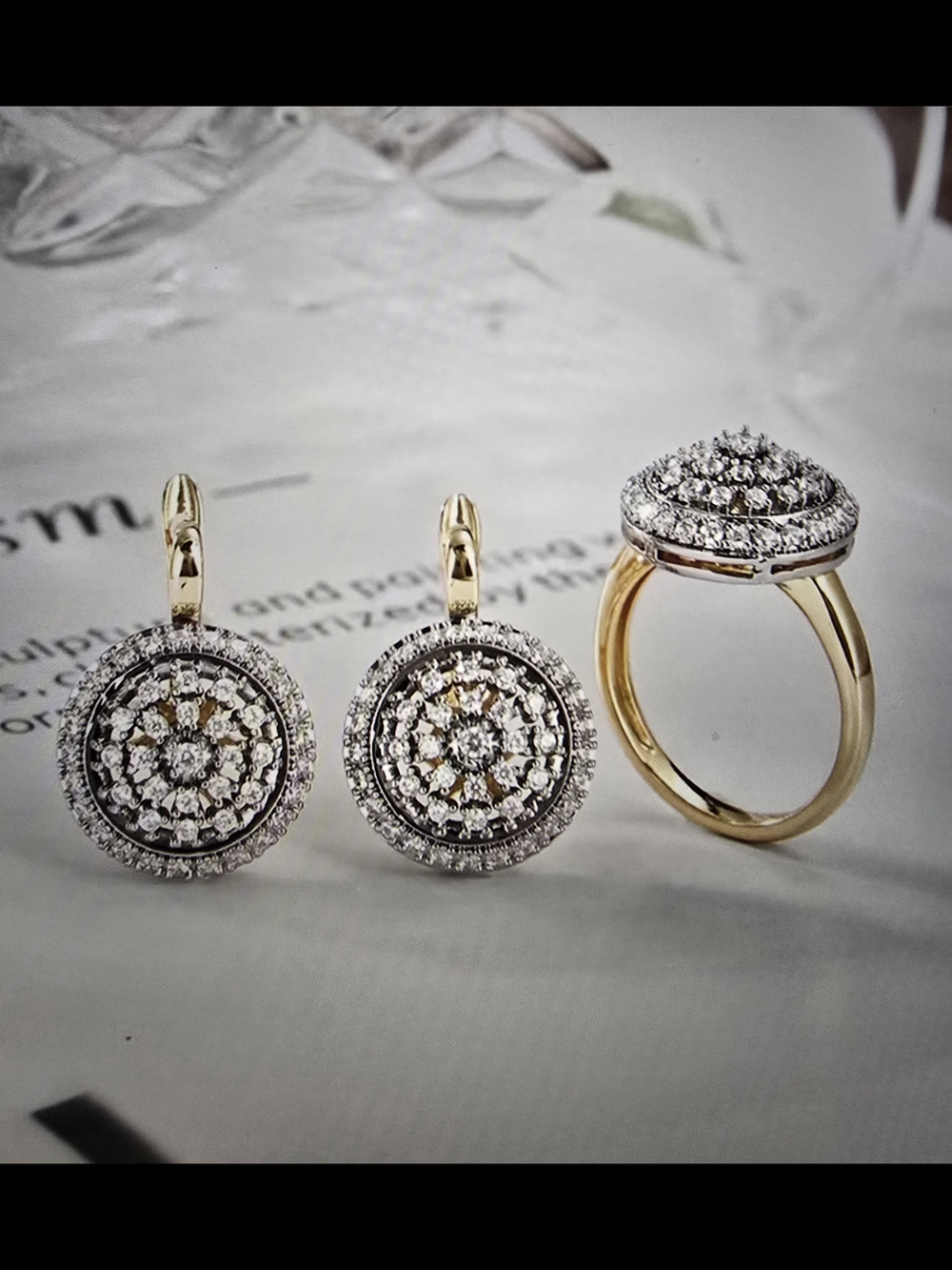 Gold and Silver Two-Tone Halo Diamond Ring and Earrings Set